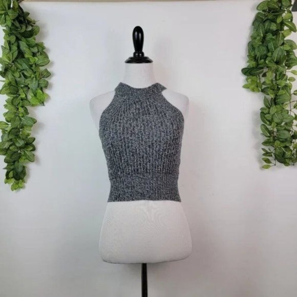 Bethany Mota Crop Grey Marbled Knit Halter Sweater Boho Tank Top, Medium